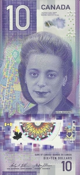 Портрет Виолы Десмонд, фрагменты карты Галифакса и стилизованные элементы африкано-канадской культуры.