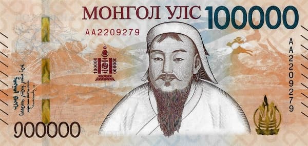 Портрет Чингисхана, государственный герб и национальные орнаменты.